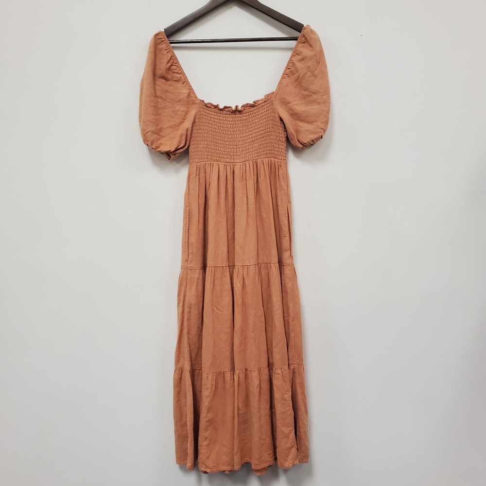 Abercrombie & Fitch Linen Smocked Maxi Dress Orange Puff Sleeve Tiered Pockets S - Picture 3 of 14